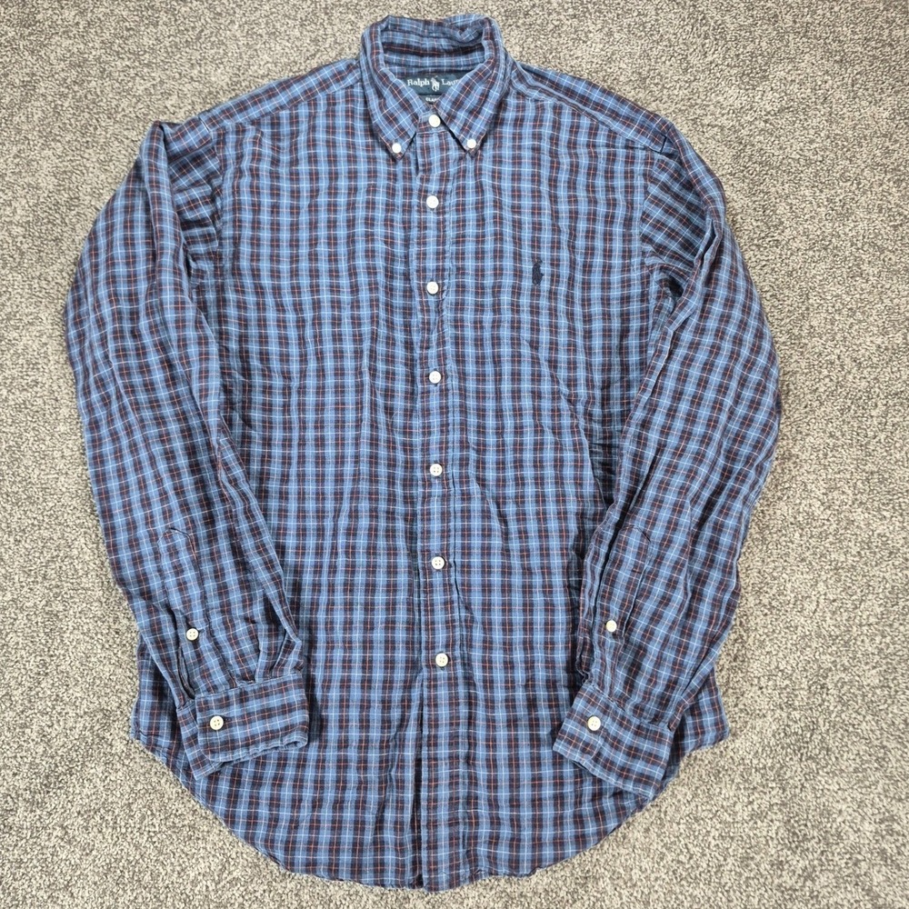 Ralph Lauren Linen Cotton Shirt Mens Medium Blue Plaid Long‎ Sleeve Button Down